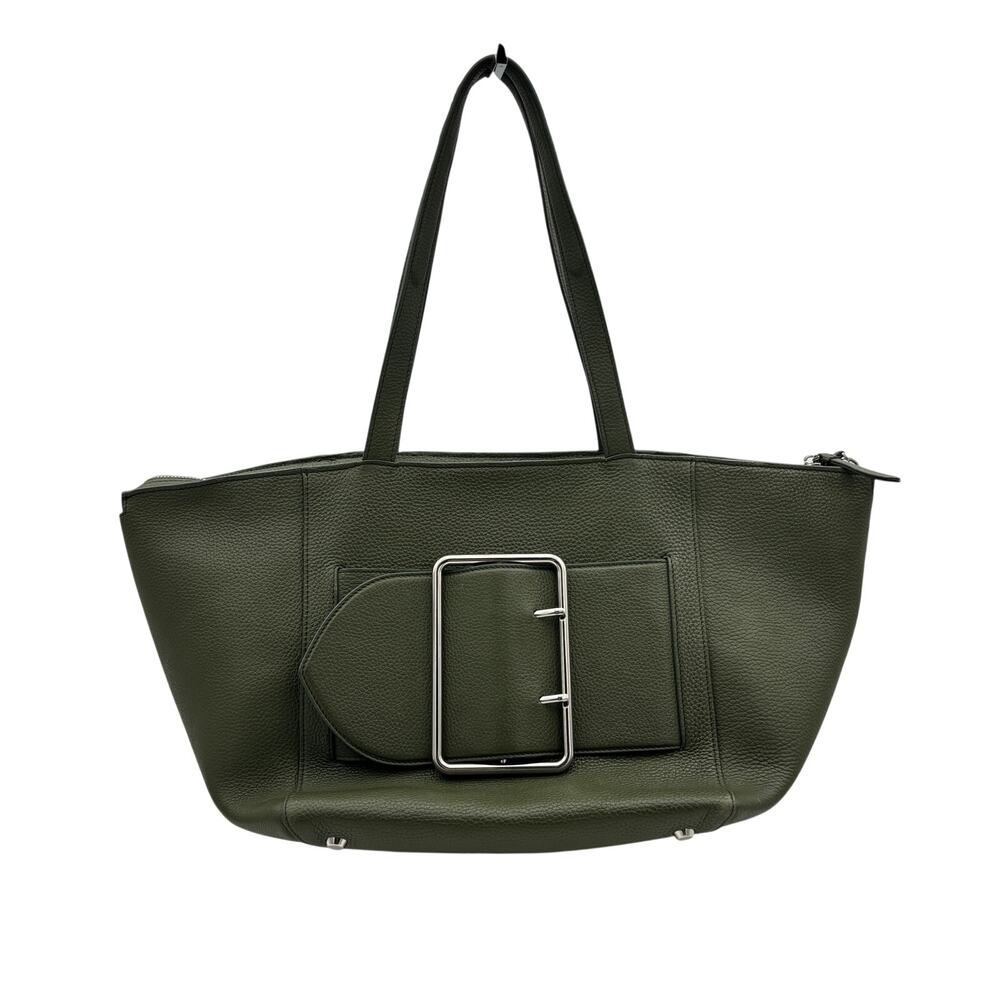 $795 Jonathan Simkhai Logan Buckle Pebbeled-Leather Tote Bag Olive Green